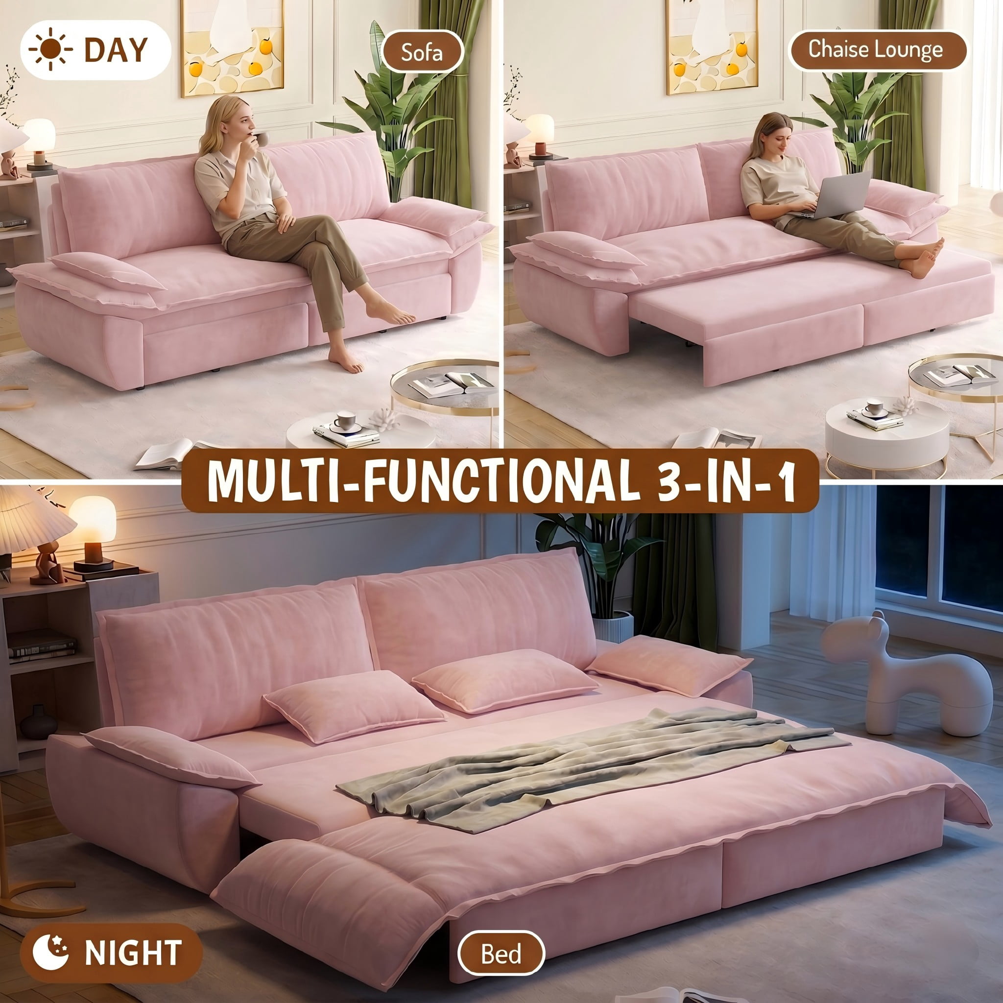 Multi-Functional Velvet 3-in-1 Convertible Sofa Bed, Queen Size Sleeper Loveseat with 2 Pillows, Pink
