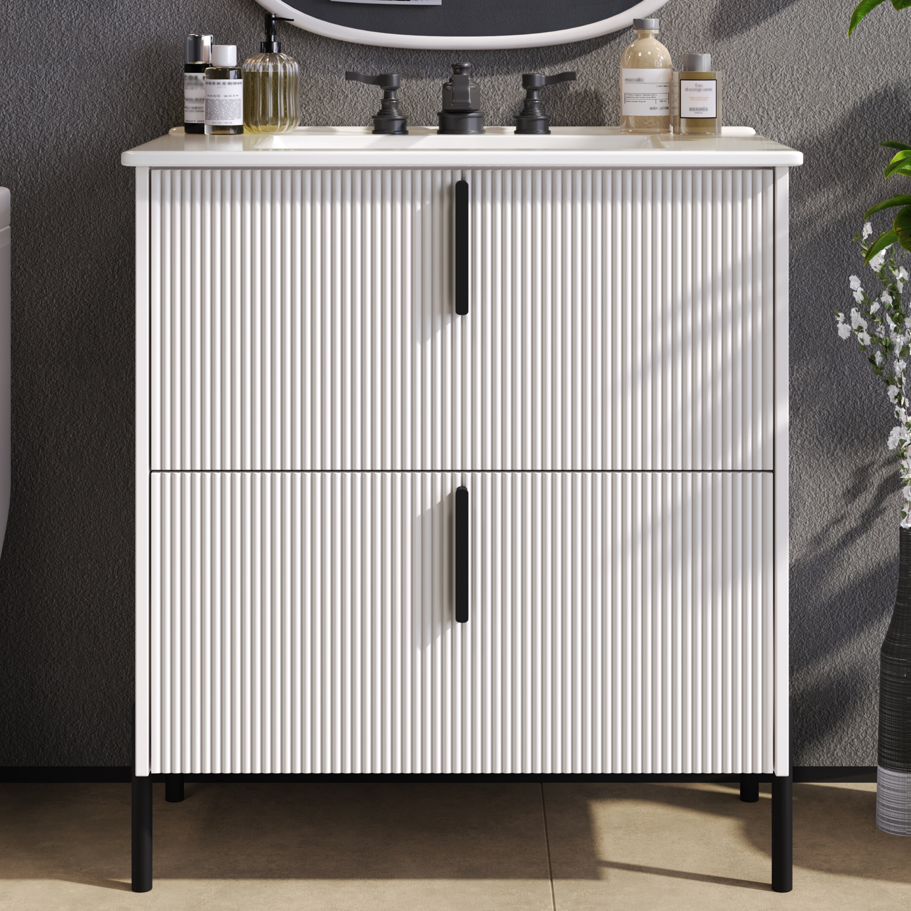 Euroco 30" Bathroom Vanity with Ceramic Sink and Full-Extension Drawers, Soft Close Undermount Drawer Slides, Fluted Design, White
