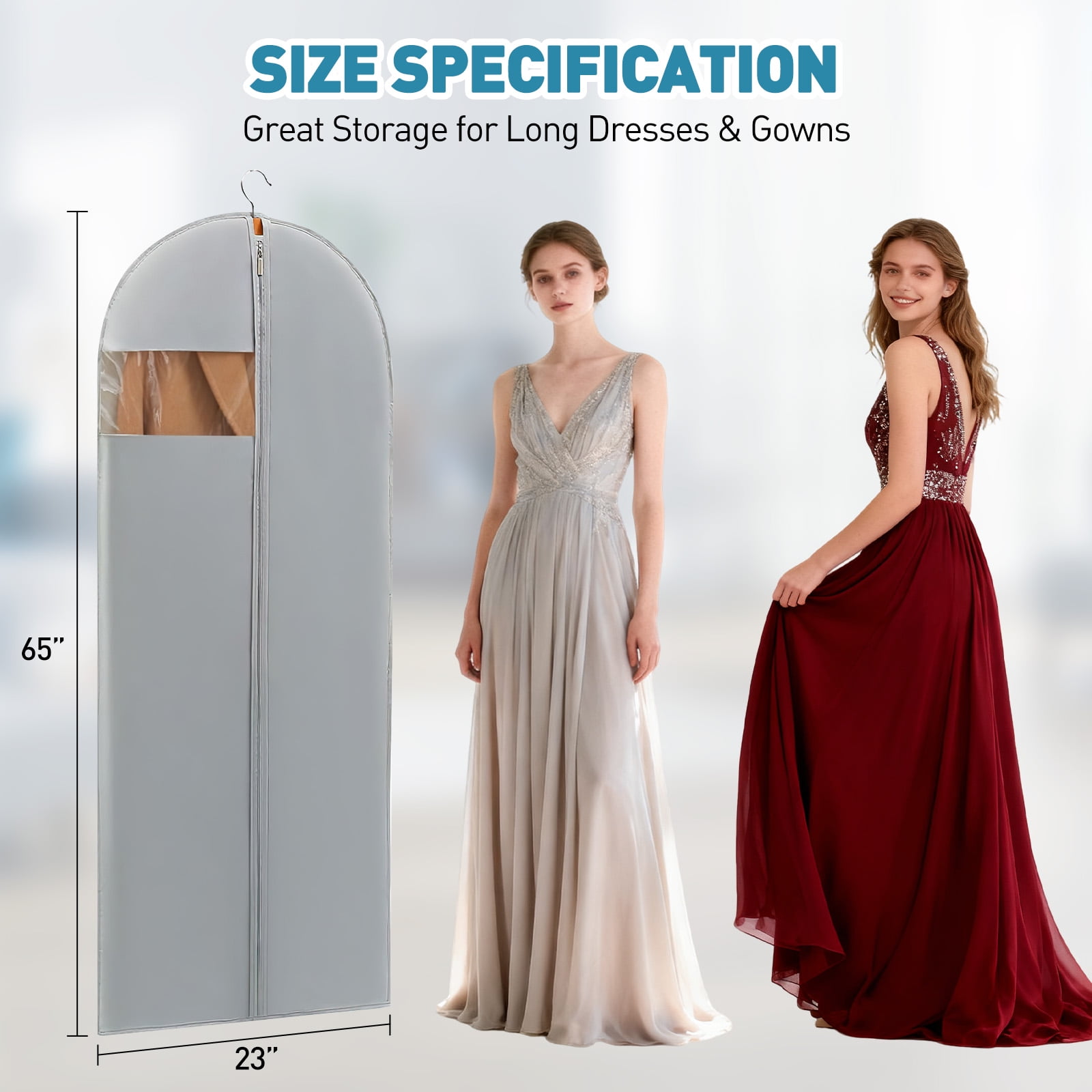 DAKOMM 65'' Dress Bags for Gowns Long, 3 Pack PEVA Garment Bags for Hanging Clothes, Garment Cover with Clear Window, Storage and Travel Suit Bag Cover for Long Dresses, Gowns, Coats (Gray)