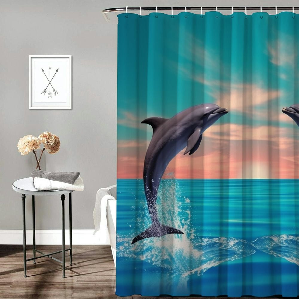 Pratyus Dolphins Water Sky Vaporwave Shower Curtain Set with Hooks, Waterproof Polyester Bathroom Decor, Various Sizes 69"x72