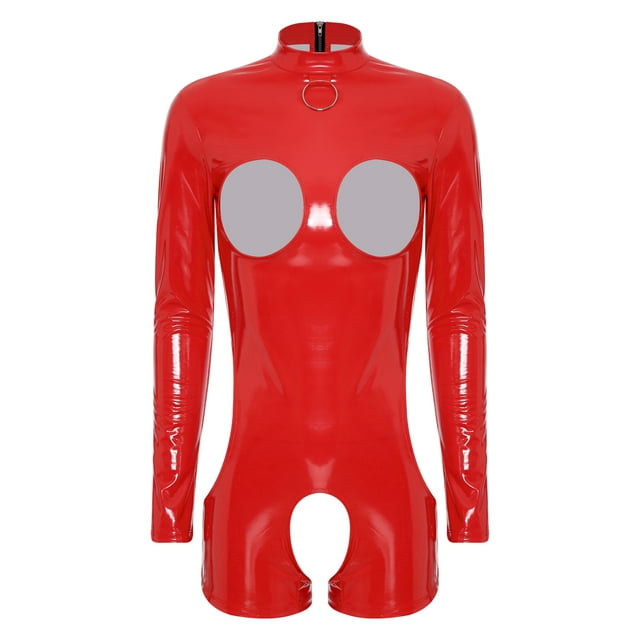 Linjinx Women's Sexy Patent Leather Hollow Out Rompers Long Sleeve Open Bust Crotchless Bodysuits Red XL