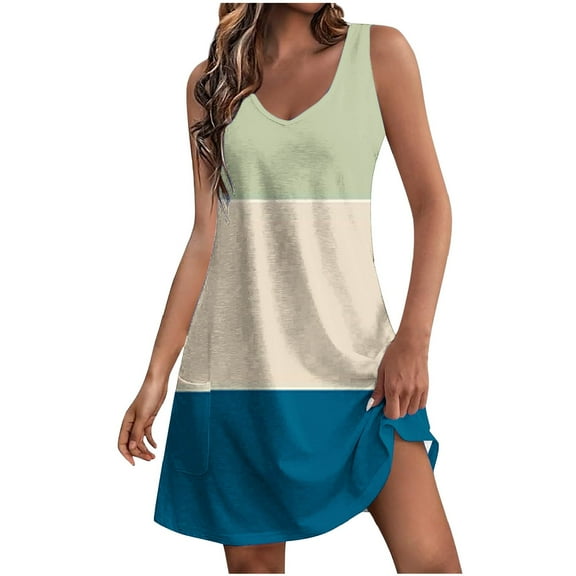 MIUOWANP Women's Casual Printed Sleeve Side Pockets Maxi Dress Summer Color Blocked Sleeveless Long Casual Dress Size L(8)Mint Green