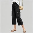 thumbnail image 6 of Usloyux Women's Wide Leg Capri Pants High Waisted with Pockets Casual Solid Streetwear Cargo Trousers for Summer Vacation Beach, Black XL, 6 of 6