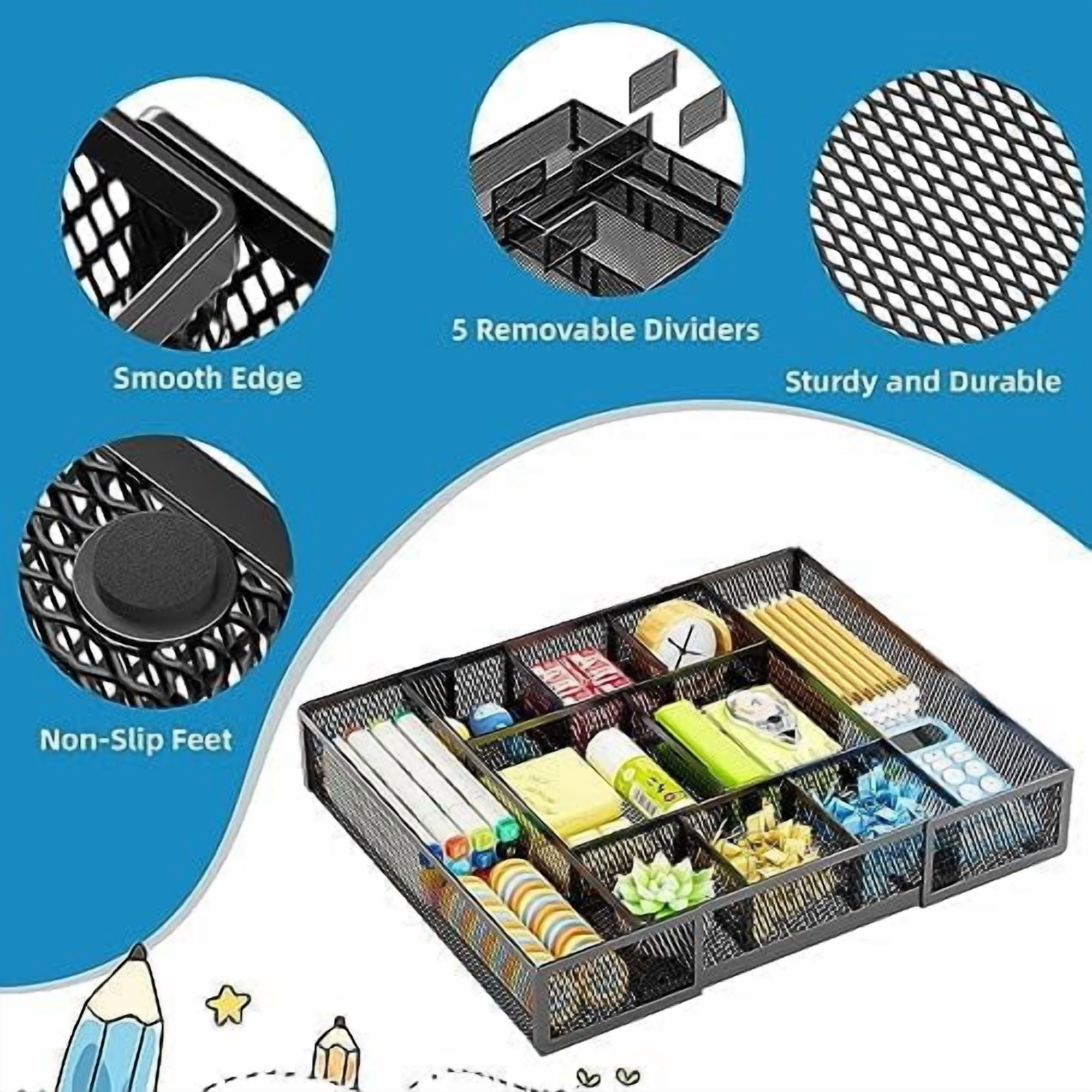 Expandable Desk Drawer Organizer, Mesh Drawer Organizer Tray with 10 Adjustable Compartments, Desk Organizers and Accessories, 5 Dividers Drawer for Office Supplies, Makeup & Vanity (Black)