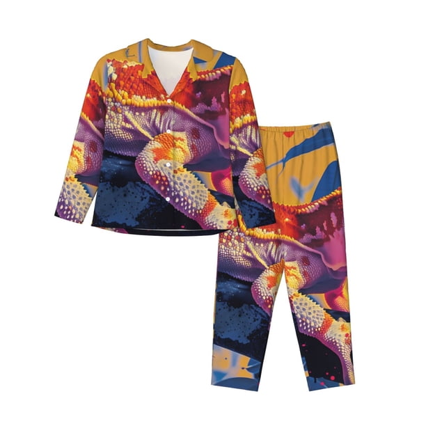 Fotbe Colorful Gecko Jungle Art Conjunto de Pijama de Manga Larga para Mujer con Estampado, Ropa de Dormir de 2 Piezas, Conjunto de Casa Suave y Cómodo con Bolsillos-XX-Large