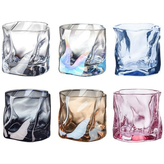 Glasses Set of 6, Dingrich 200 ml Irregular Crystal Whiskey Glasses, Drinking Glasses, Iced Coffee Glasses, Water Cups for Home Kitchen Bar Restaurant Hotel (6 Colors)