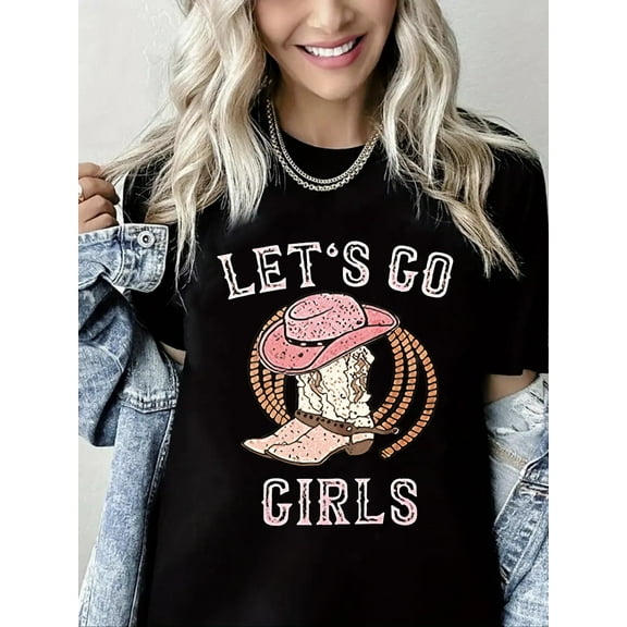 Crewneck Tshirt Let's Go Girls Print Short Sleeve Shirt for Women