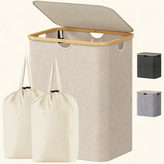 Norcho 120L Laundry Basket with Lid, Bamboo Handles, 2 Removable Bags, Foldable, Beige