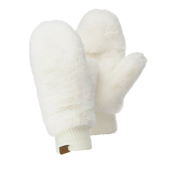 C.C Women's Faux Fur Wrist Length Fingerless Sherpa Lined Convertible Mittens Gloves, Ivory