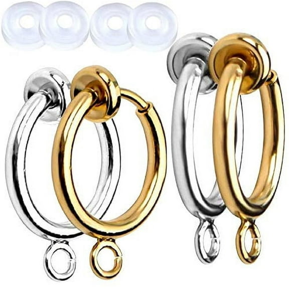 Aylifu 12 Pieces Clip-on Earring Converters Round Hoop Earring Findings with Easy Open Loop for Non Pierced Ears with 12 Pieces Silicone Earring Pads,Gold & Silver