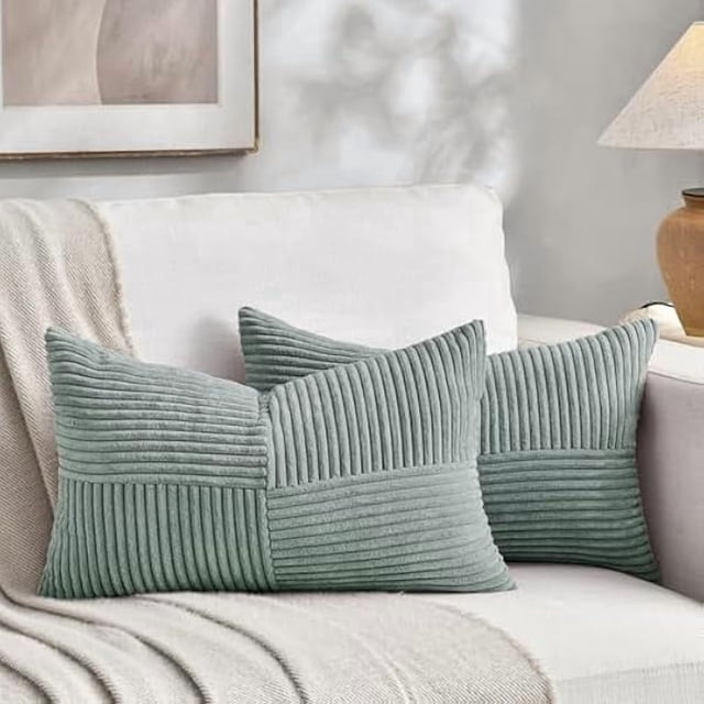 Chenchen 2 Packs Grey Blue Lumbar Decorative Throw Pillow Covers 12x20 Inch for Couch Bed Sofa, Rustic Farmhouse Boho Home Decor, Soft Striped Corduroy Rectangle Accent Cushion Case 30x50 cm
