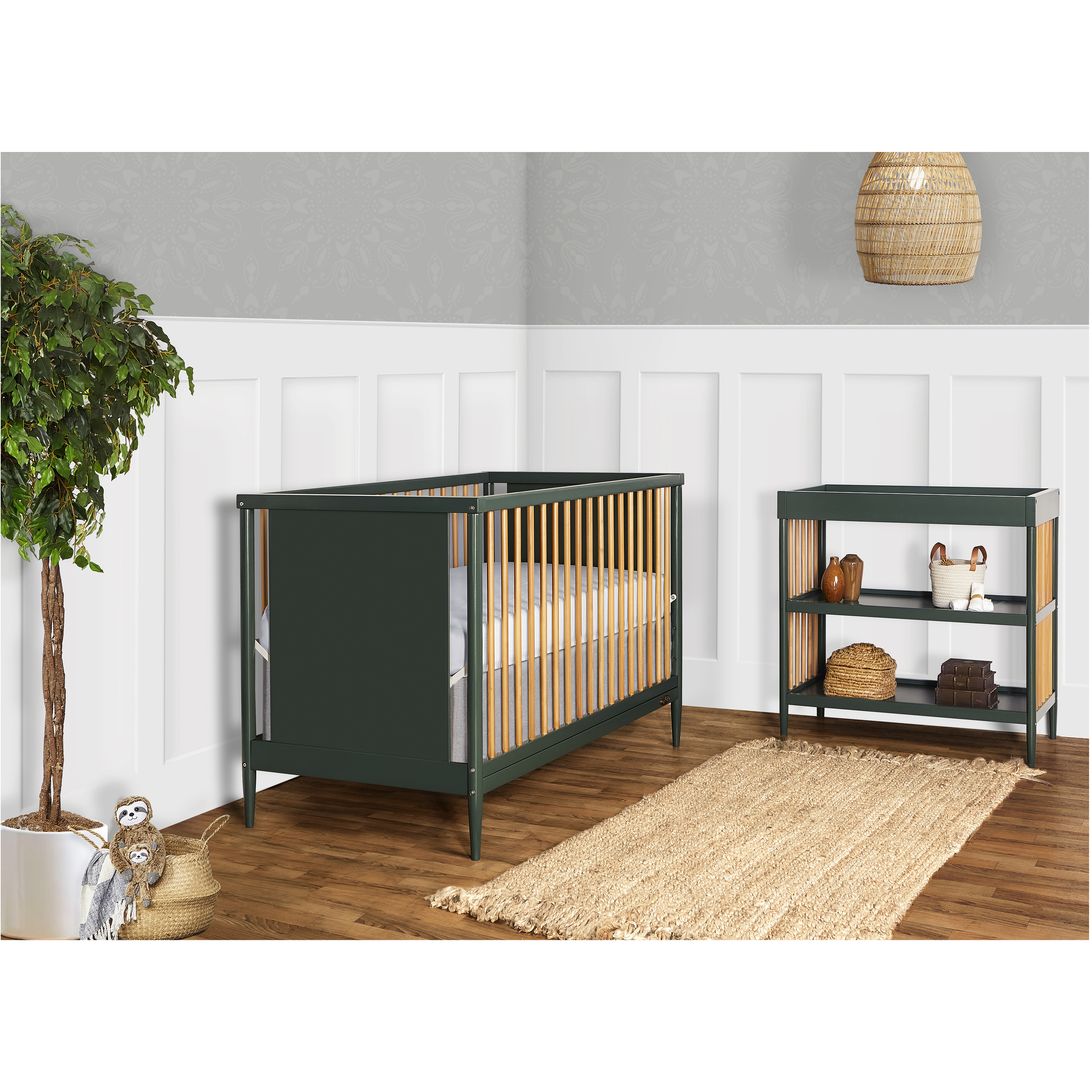Bundle of Dream On Me Clover 4 in 1 Modern Island Crib with Rounded Spindles, Dream On Me Clover Changing Table, with a Dream On Me Honeycomb Firm Fiber Standard Crib Mattress, Olive