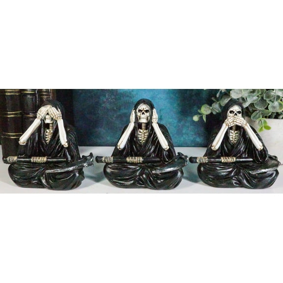Gothic See Hear Speak No Evil Grim Reaper Skeletons With Scythes Figurines Set