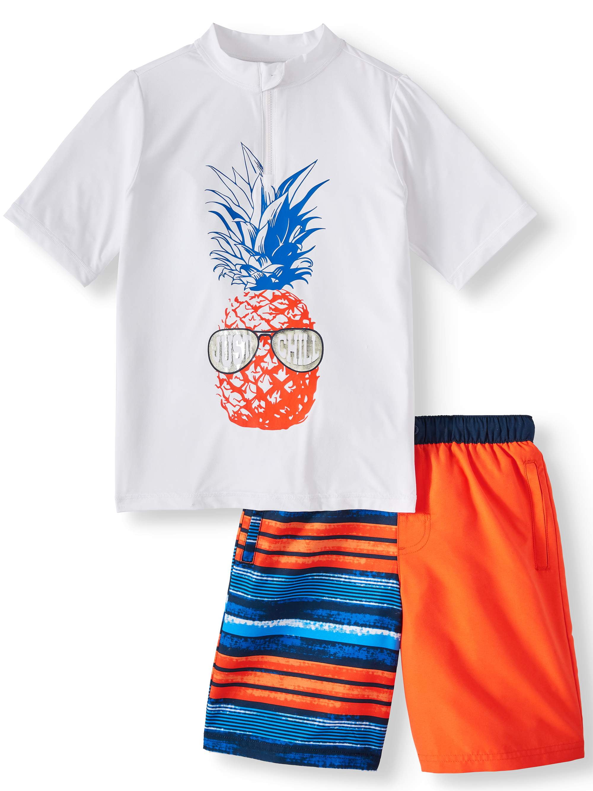 Pineapple Arctic White Short Sleeve Rash Guard /& Swim Trunk 2-Piece Set