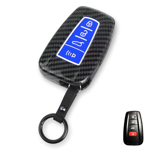 Xotic Tech Key Fob Shell Full Cover Case w/Keychain Compatible with Toyota RAV4 Camry Corolla Highlander Avalon CHR Prius GT86 Keyless Entry Key, Carbon Fiber Pattern ABS Silicone Night-Luminous Blue