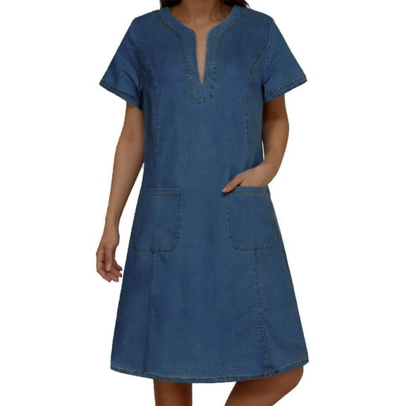 New V Neck Pleated Pocket Short Sleeved Denim Dress For Women Casual Dress