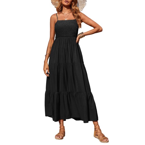 VISgogo Vestido de Mujer, Correa de Espagueti Sin Mangas Fruncido Color Sólido Casual Vestidos Largos, S/M/L/XL VISgogo moda