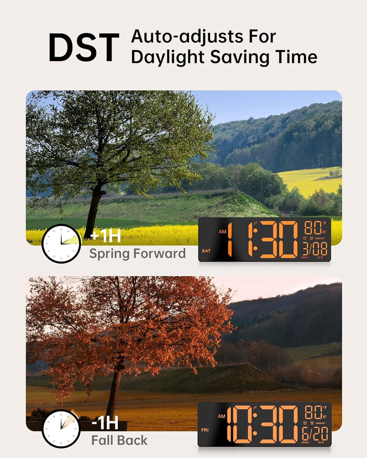 LEIKE Digital Wall Clock for Classroom Livingroom Game Home Decor with LED Display RGB Lights, BIuetooth Sync, Dual Alarms, Auto DST, Countdown, Remote Control, Temperature