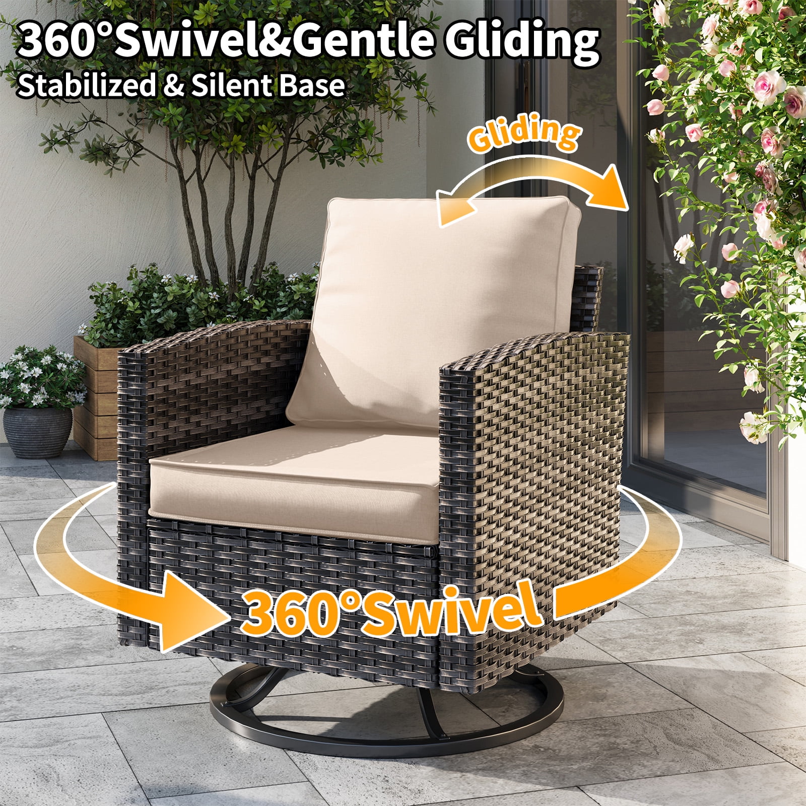 ELPOSUN Patio Furniture Set, 7 Pieces Outdoor Patio Set, All-Weather Wicker Rattan Outdoor Furniture Set with Fire Pit Table & Swivel Chairs for Poolside, Backyard, Khaki
