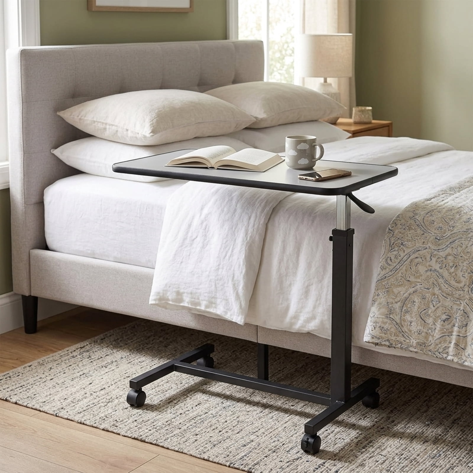 Fenbeli Adjustable Rolling Desk, White Mobile Standing Desk with Wheels and Tilting Top, Side Table for Couch Bed Home Office and Reading