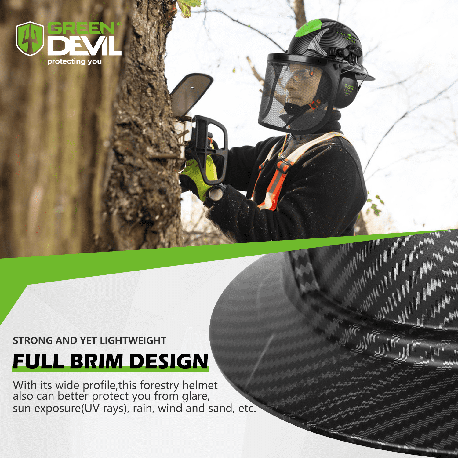 GREEN DEVIL Industrial Chainsaw Helmet with Face Shield Built in Visor and Ear Muffs 4 in 1 System ANSI Z89.1 Full Brim Safety Hard Hat Adjustable Headgear Ideal for Forestry and Arborist Work
