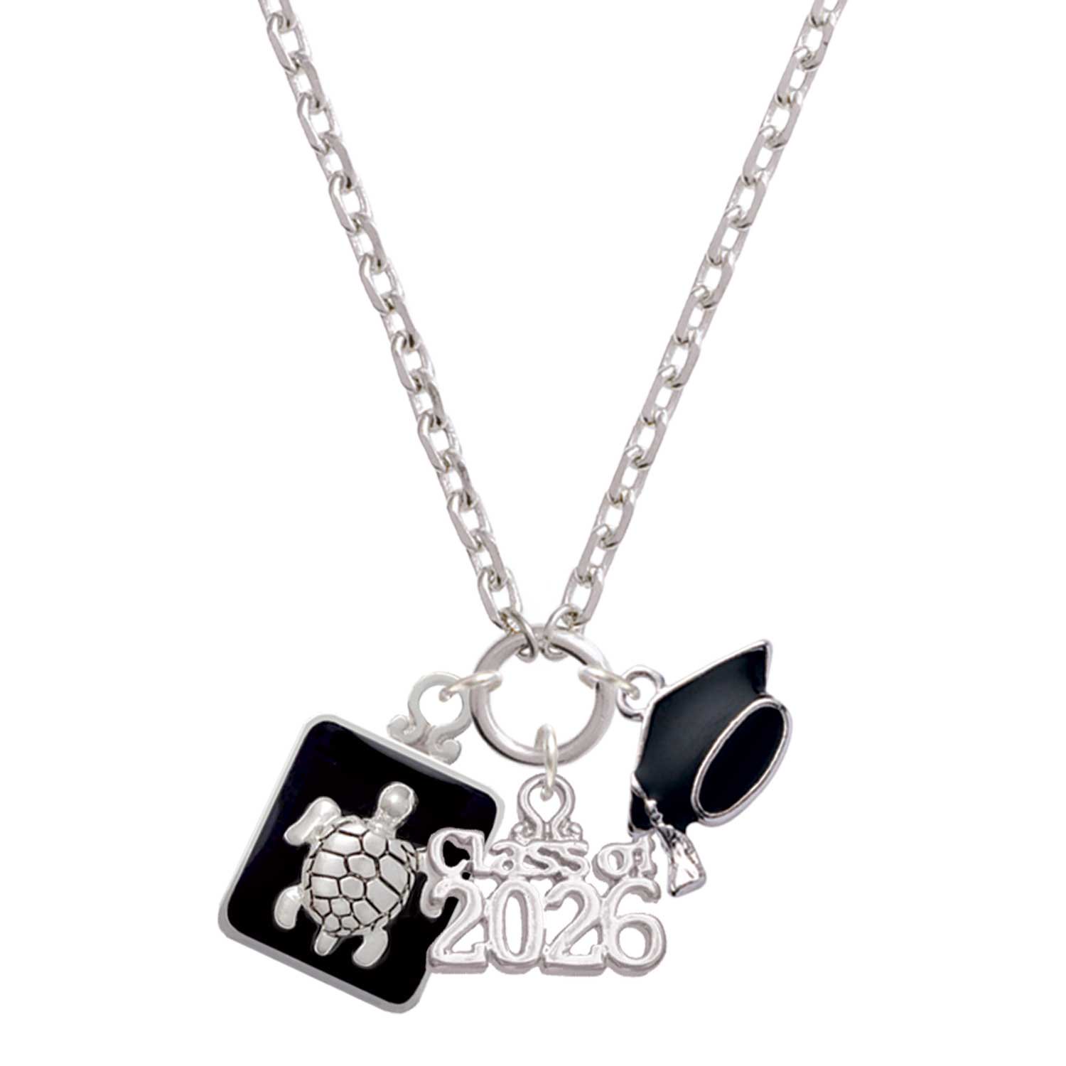 Delight Jewelry Silver-tone Turtle on Black Frame - Class of 2026 Graduation Zoey Charm Necklace, 28"