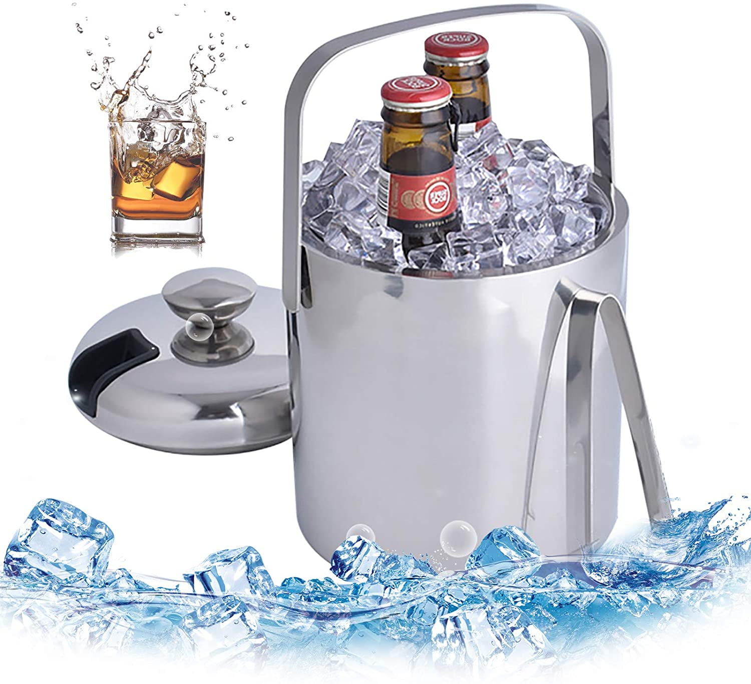LUCKYGOOBO Mini Stainless Steel Ice Bucket Portable Double Wall Ice Bucket  with Tong, Hotel Bucket/Champagne Bucket/Beverage Bucket,Size 1.3 Liters