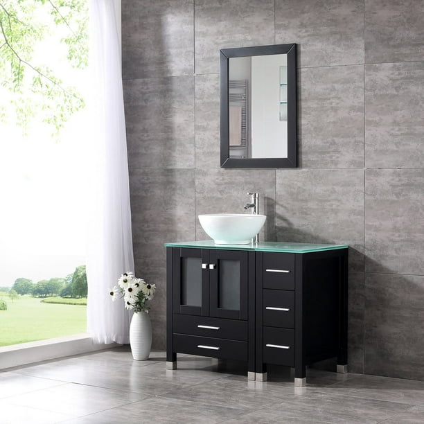Wonline 36” Modern Wood Bathroom Vanity Cabinet White Round Ceramic ...