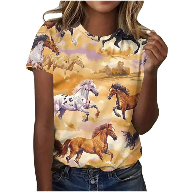 Chandail Décontracté pour Femmes, Manches Courtes Col Rond avec Imprimé Cheval Rétro, Tissu Polyester Léger, Respirant pour Usage Quotidien, Saison Printemps Automne
