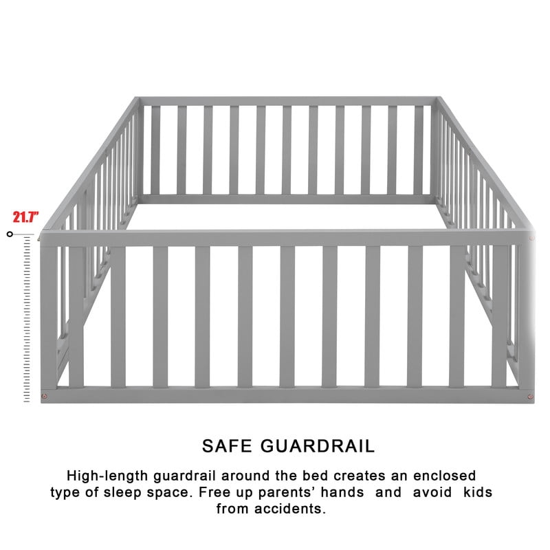 Full Size Wood Floor Bed with Door & Fence, Montessori Bed Frame with Full Length Safety Guardrails, Wood Full Bed with Slats, -No Box Spring NeededGray