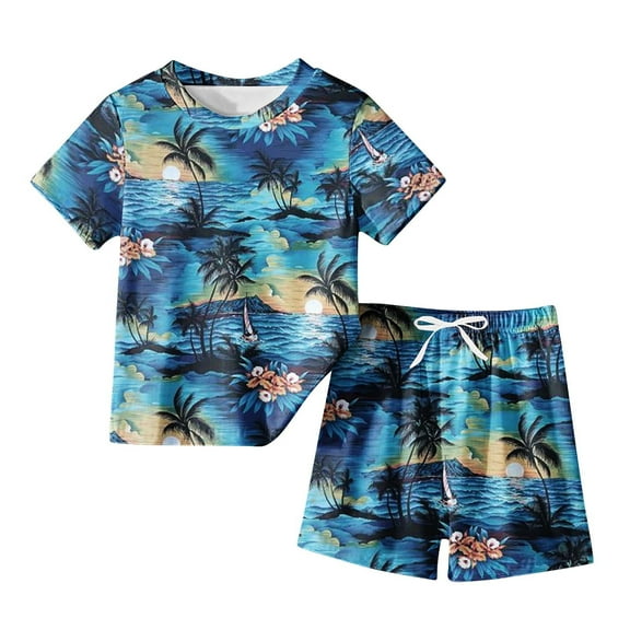 Odeerbi Kids Boys Girls Two Piece Outfits Hawaiian Summer Clothes Fashion Casual Cartoon Printed Round Neck Short Sleeve Tops Printed Shorts Set Blue