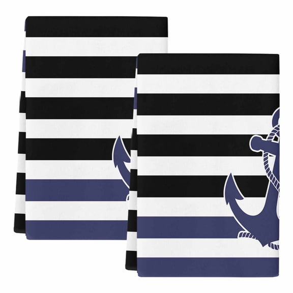 Dish Towels, Black Stripes Absorbent Kitchen Towels 2 PCS, Navy Blue Nautical Anchor Microfiber Hand Towels Dish Cloths Tea Towels for Home Bathroom Cleaning Drying,18X28-Inch,