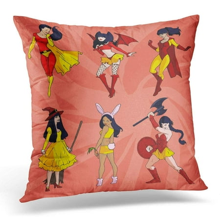 ARHOME Bright Colorful Illustrations Female Character in Red and Yellow Costumes Bunny Witch Devil and Amazon Pillow Case Pillow Cover 20x20 inch