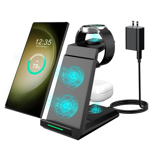 FU2086Wireless Charger for Samsung, 3 in 1 Charging Station for Multi Devices Fast Charger Stand Dock for Galaxy S25 S24 S23 S22 S21,Galaxy Watch 7/6/5/4/3/Pro,Galaxy Buds(with 5ft Cable & Adapter)