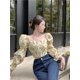 thumbnail image 1 of Tops cortos de moda VISgogo para mujer blusa larga Con mangas abullonadas y cuello barco Estampado floral verde, 1 of 2