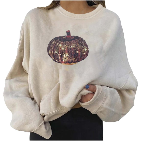 Lolmot Halloween Sweatshirt for Women Fun Pumpkins Cute Graphic Print Crew Neck Long Sleeve Sweatshirts Fashion Plus Size Pullover Tops