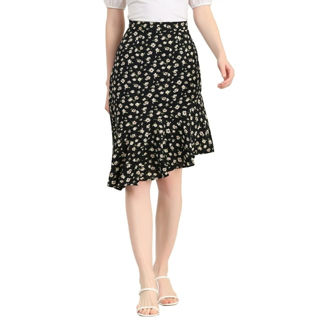 Unique Bargains Jupe Midi à Volants à Imprimé Floral Léopard pour Femme Noir G