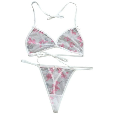 YOTMKGDO Valentines Day Lingerie  Women S Printed Mesh Inside Matching Emotional Underwear Lace Up Bra Set Lace Three Point Erotic Underwear (#2 White  L)