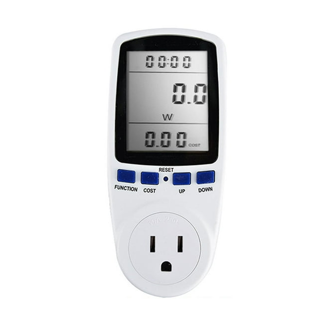 Enchufe inteligente medidor de energía con pantalla LCD para monitoreo en tiempo real, compatible con 120V y 60Hz, ideal para control de consumo eléctrico y costos.