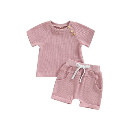 

Lamuusaa Baby 2Pcs Summer Outfits Short Sleeve Waffle Knit T-Shirt + Knot Front Shorts Set