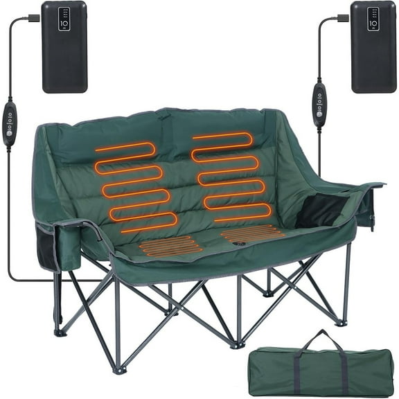 Heated Oversized Double Camping Chair, Padded Folding Loveseat with Cup Holders, Cooler Bag & Carry Case for Outdoor Relaxation (Green)