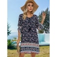 thumbnail image 3 of Women Casual Beach Summer Boho Tassel Tie Neck 3/4 Long Sleeve Short Floral Print Cover Up Sundresses Tibet S, 3 of 6