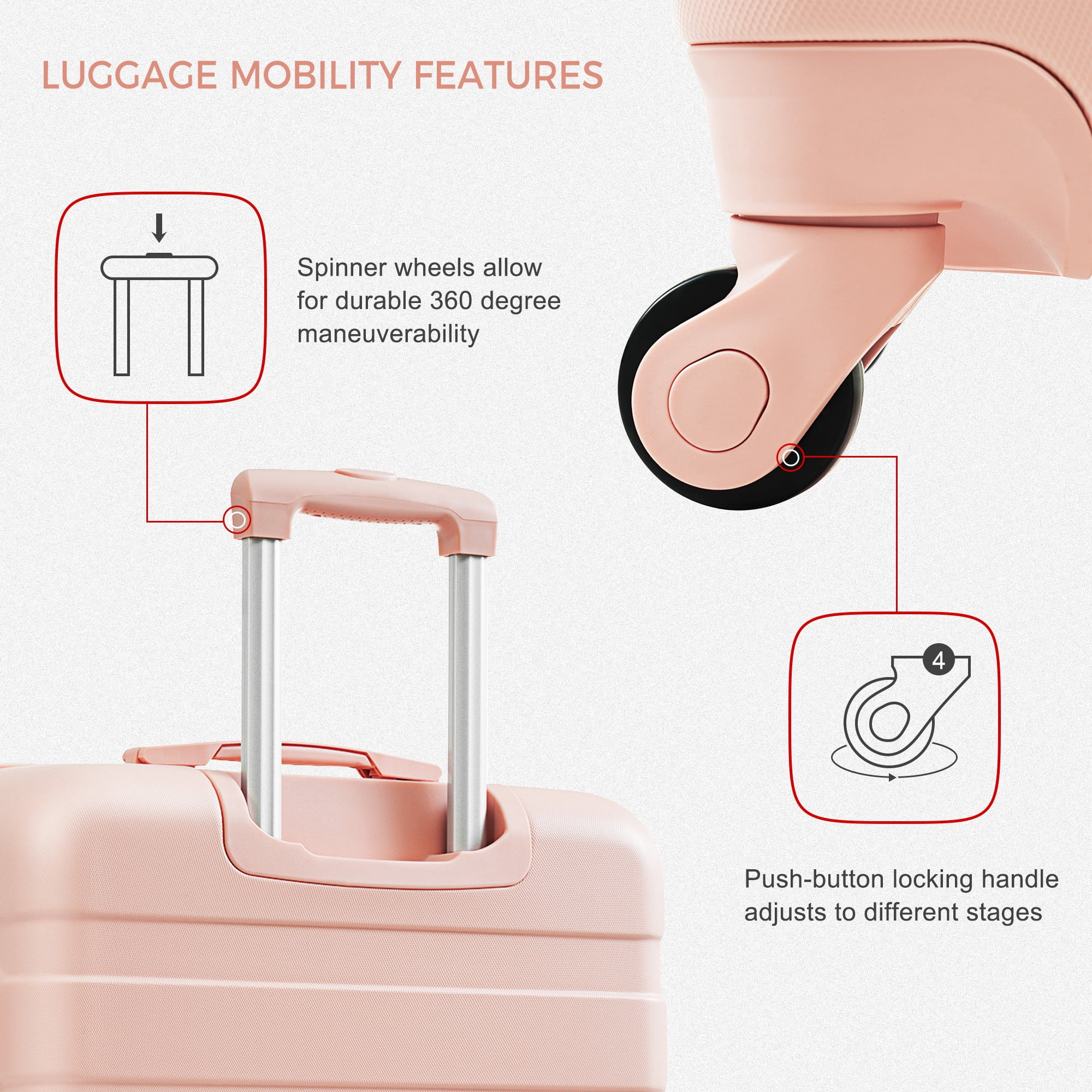 MODERNLUXE 4 Piece Luggage Sets, 28in Checked Suitcase with TSA Lock,Spinner Wheels,20in Carry-On Luggage with Duffel & Toiletry Bags,ABS Hardshell Suitcase Set for Family Travel,Pink