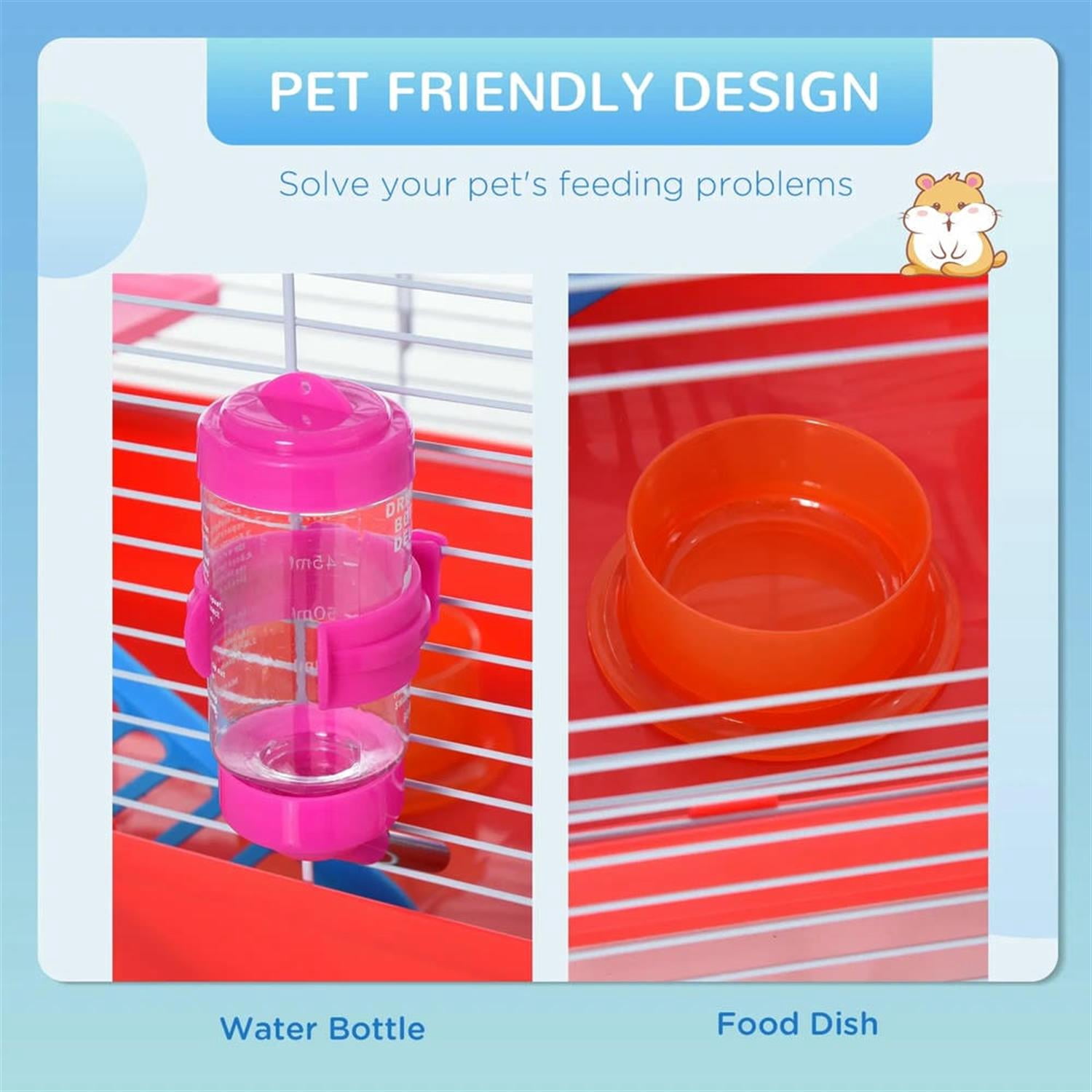 Demi Bonn 18.5" Hamster Cage Starter Kit, 2-Level Small Animal Habitat with Exercise Wheel, Water Bottle, Food Dish & Ladder, Red
