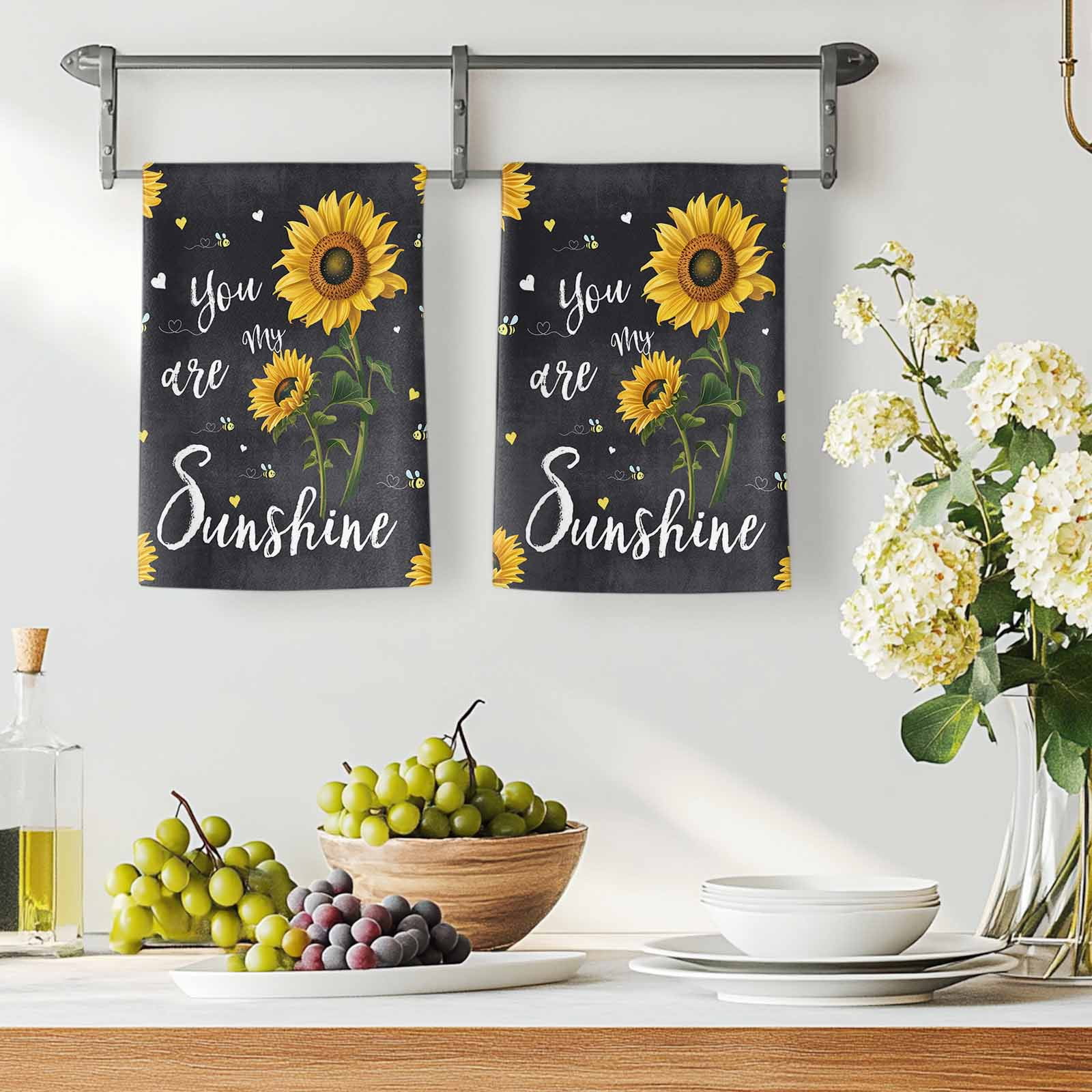 Black Sunflowers Kitchen Towels Set of 2, Vintage Garden Floral Bees Farmhouse Absorbent Dish Towels for Kitchen, Microfiber Hand Towel, Quick Drying Tea Towel for Cleaning Decorative Dishcloths