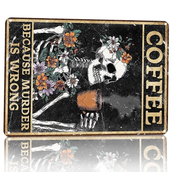 Noete 8x12 Inch Coffee Skull Metal Tin Sign - Retro Flower & Horror Art Wall Decor for Kitchen, Cafe, Home Office, Vintage Gothic Metal Sign Decoration