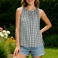 thumbnail image 2 of Ashirexll Sleeveless Tops for Women Fashion Round Neck Drawstring Plaid Sleeveless Side Slit Top for Spring, 2 of 7