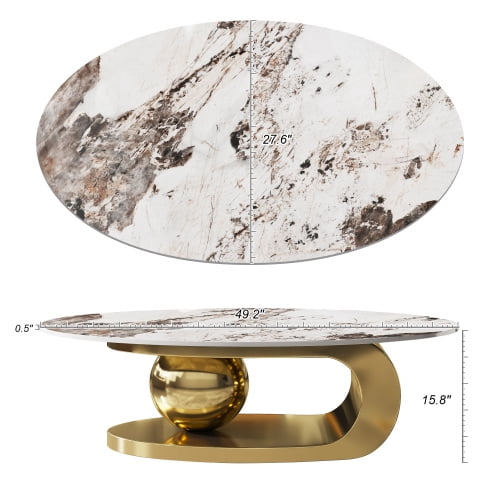 Tabaray Modern Oval Coffee Table Luxury Sintered Stone Top Coffee Table with Sculptural Geometric Stainless Steel Base,Mid-Century Marble Grain Center Table for Living Room,Gold