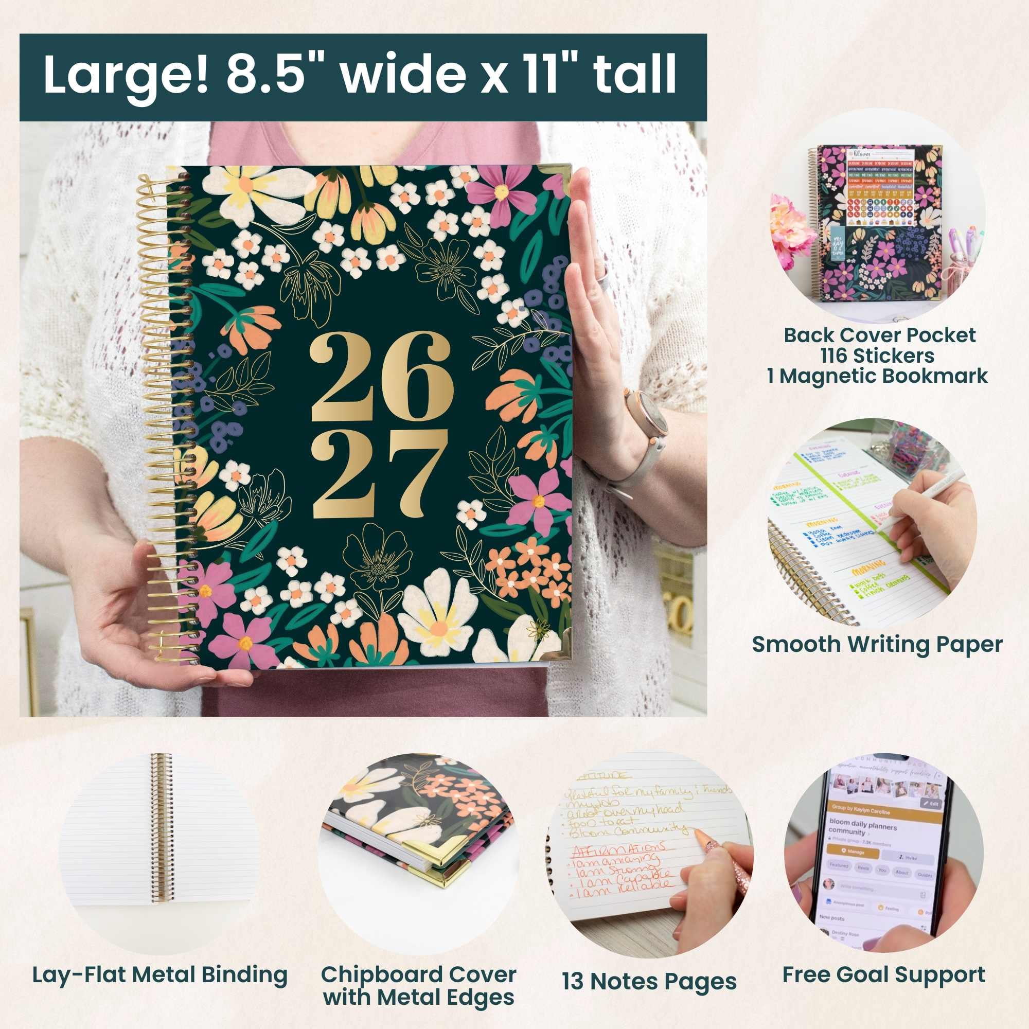 bloom daily planners 2026-2027 Academic Planner, 13-Month Monthly & Weekly Hard Cover, 8.5" x 11", Blooming Wildly