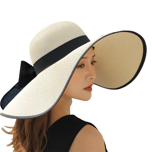 Sombrero de paja con lazo grande para mujer, gorra de playa grande, plegable, enrollable, con protección UV para el sol, para verano